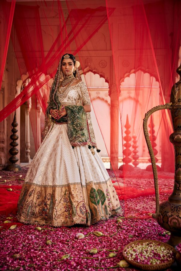 Ivory Embellished Lehenga with Green Dupatta