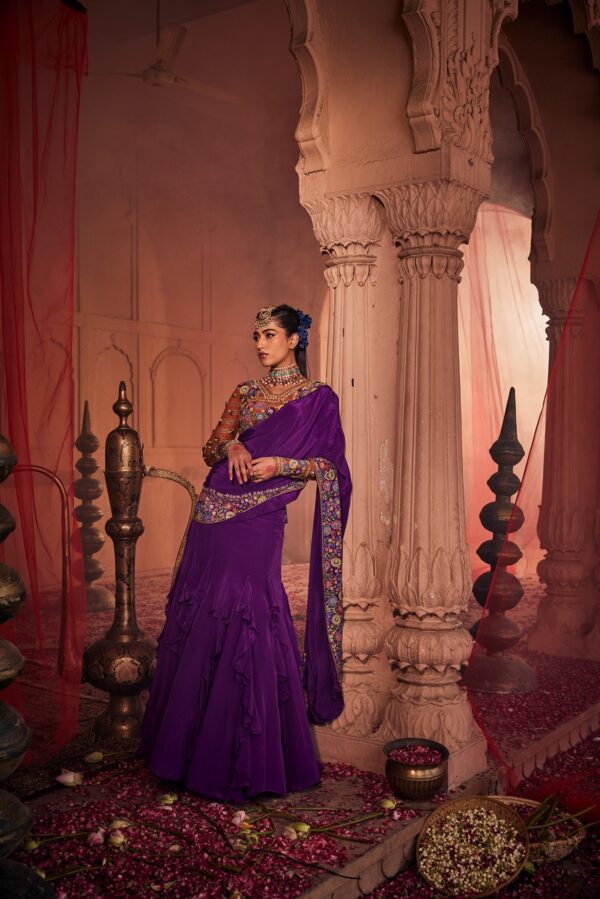 Purple Hand-Embroidered Drape Saree