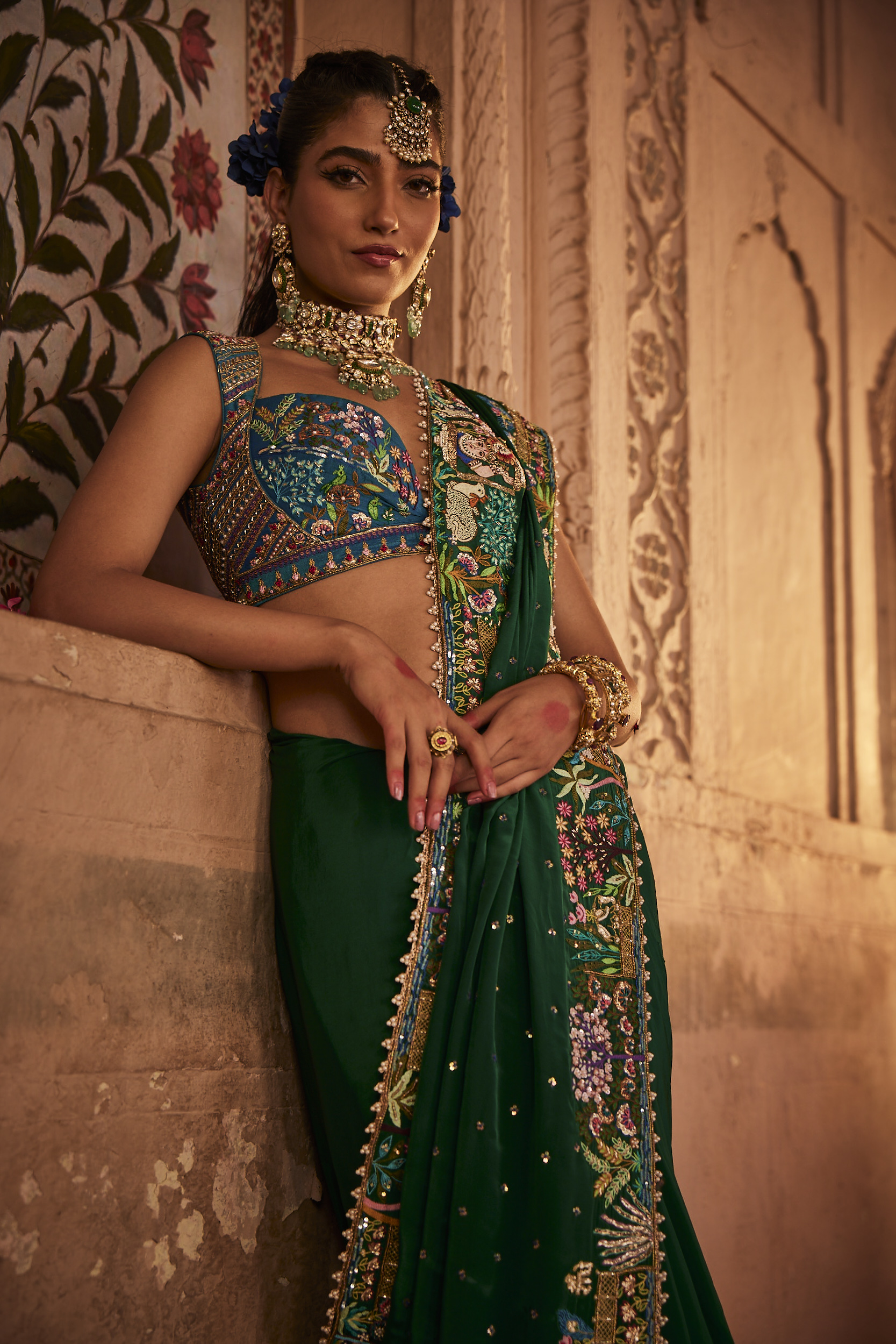 Emerald Green Satin Silk Saree with Kashmiri Tilla Work Blouse – Talking  Threads