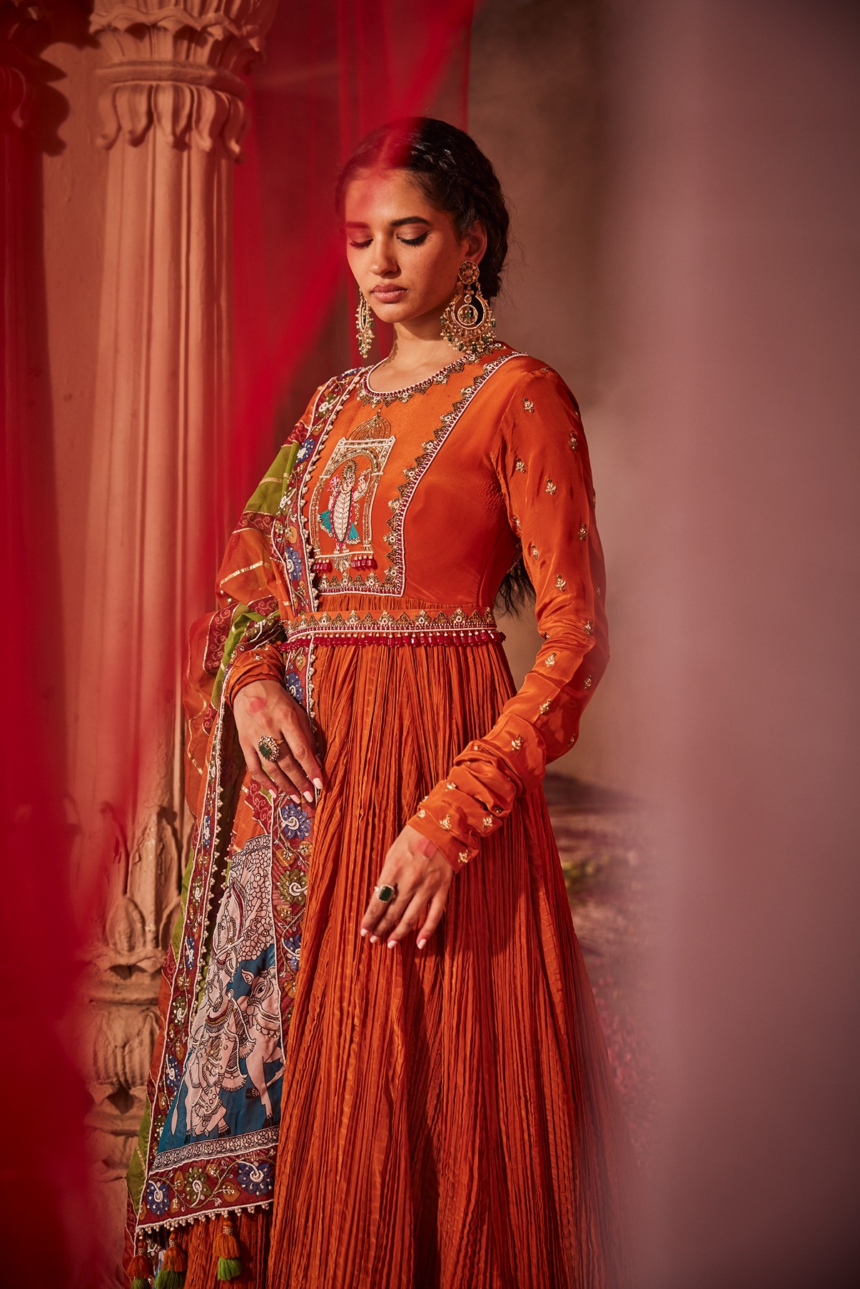 Thread Work Embroidered Georgette Salmon Orange Anarkali Suit - Hijab Online