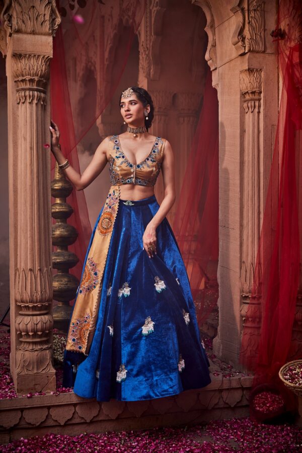 Blue Velvet Lehenga with Golden Bodice